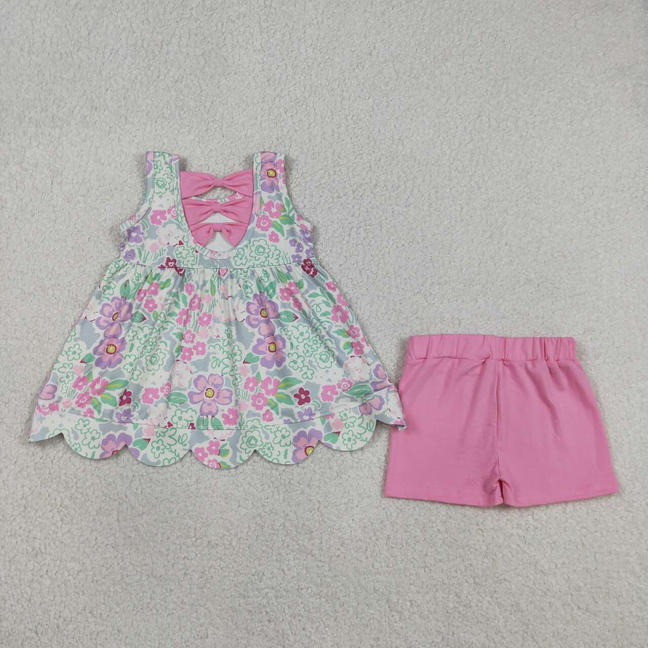 GSSO3385 Kids Baby Girls Sleeveless Colorful Flowers Scallop Tunic Shorts Clothes Set