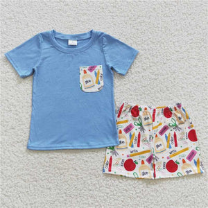 BSSO0278 Boy pencil apple glue blue pocket short sleeve shorts sleeve sets