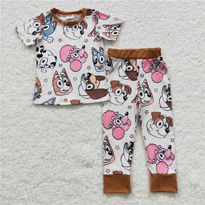 BSPO0120 Cartoon dog bluey beige short sleeve pant suit