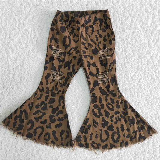 B6-10 Ripped black spot leopard print jeans flared