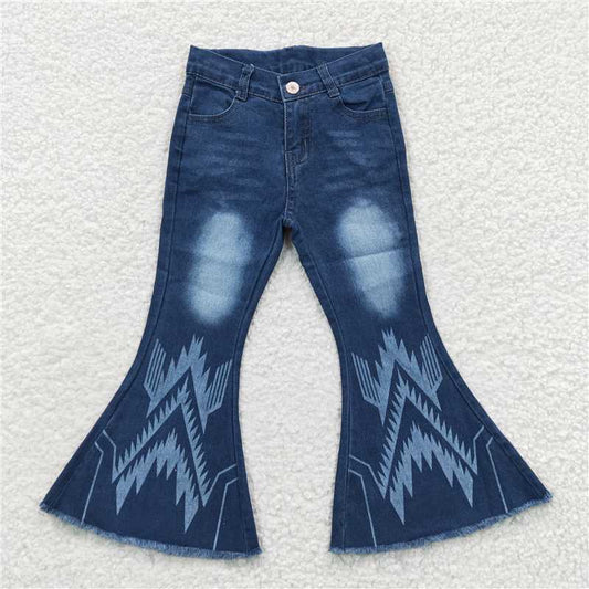 P0126 Blue denim pants with geometric pattern