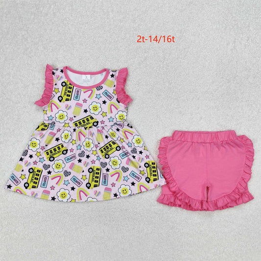 3.17  GSSO1912 Baby Girls Bus Back To School Tunic Ruffle Shorts Clothes Set