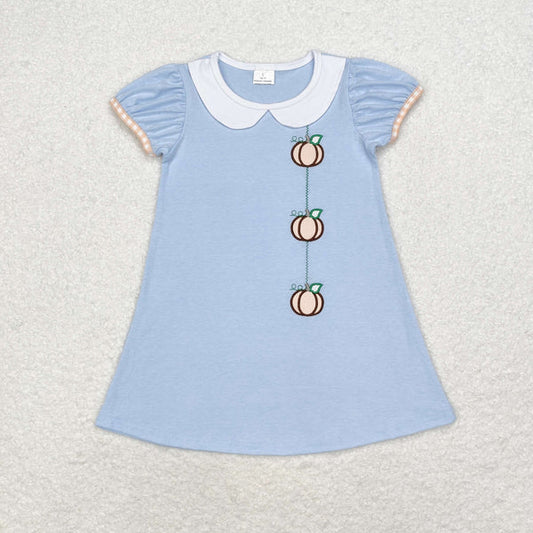 L-3.3 GSD1257 Embroidered pumpkin doll collar blue short-sleeved dress