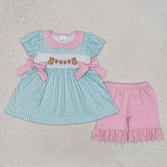 3.15  GSSO1882 Baby Girls Easter Rabbits Bows Tunic Top Ruffle Shorts Clothes Set