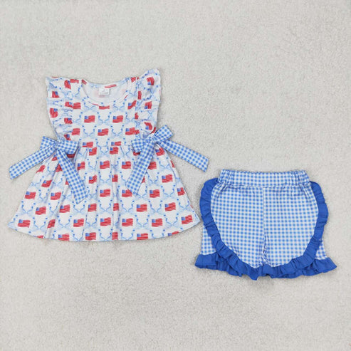 3.21  GSSO1684 Baby Girls Blue Bows Flag Tunic Ruffle Shorts Clothes Set