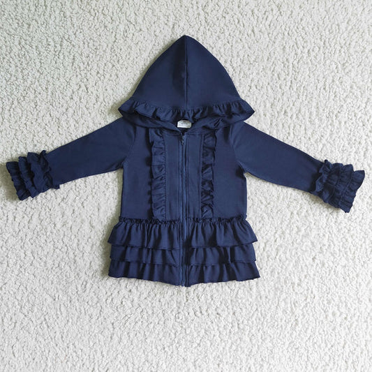 GT0013 Girl Navy Zipper Ruffle Hooded Jackets