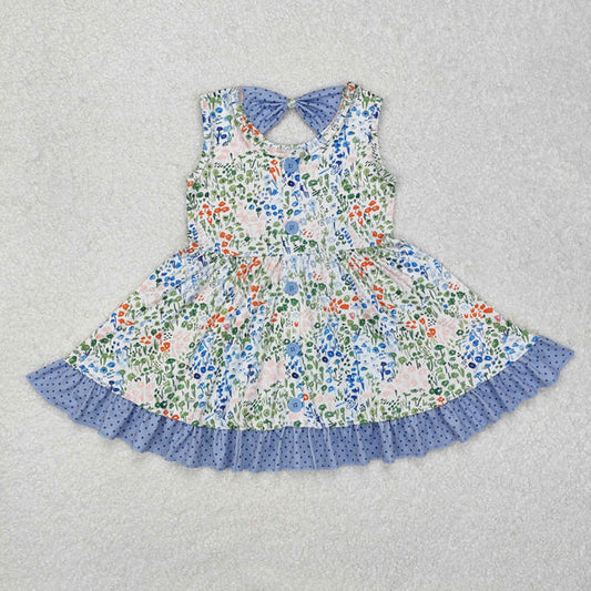 L-3.2 GSD1086 Baby Girls Blue Small Flowers Knee Length Dress
