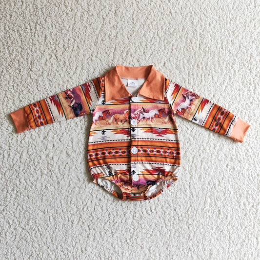 LR0181 Western Baby Horse Long Sleeve Romper