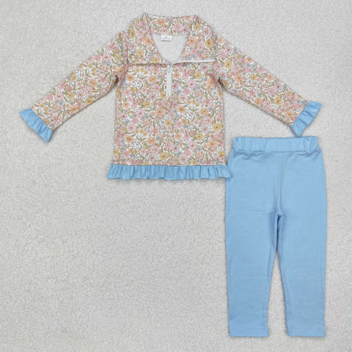 3.18 GT0722+P0209 Baby Girls Spring Flowers Zip Pullovers Blue Legging Clothes Set