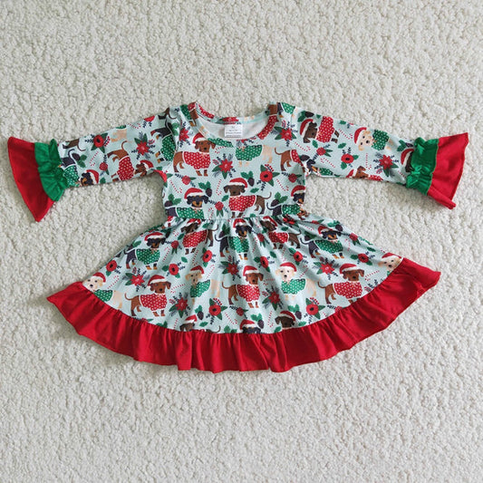 6 A6-17 Christmas Girls Dog Long Sleeve Dress