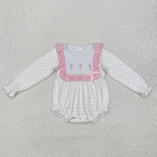 LR2136 Baby Infant Girls Pink Dots Cross Easter Romper