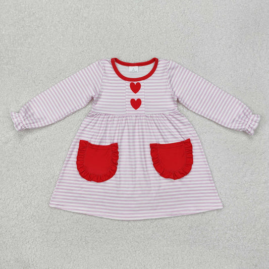 L-3.3 GLD0853 Baby Girls Pink Stripes Heart Pockets Knee Length Dress