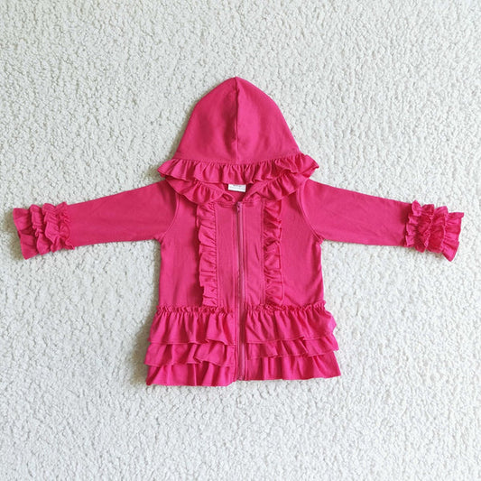 GT0020 Girl Hot Pink Zipper Ruffle Hooded Jackets