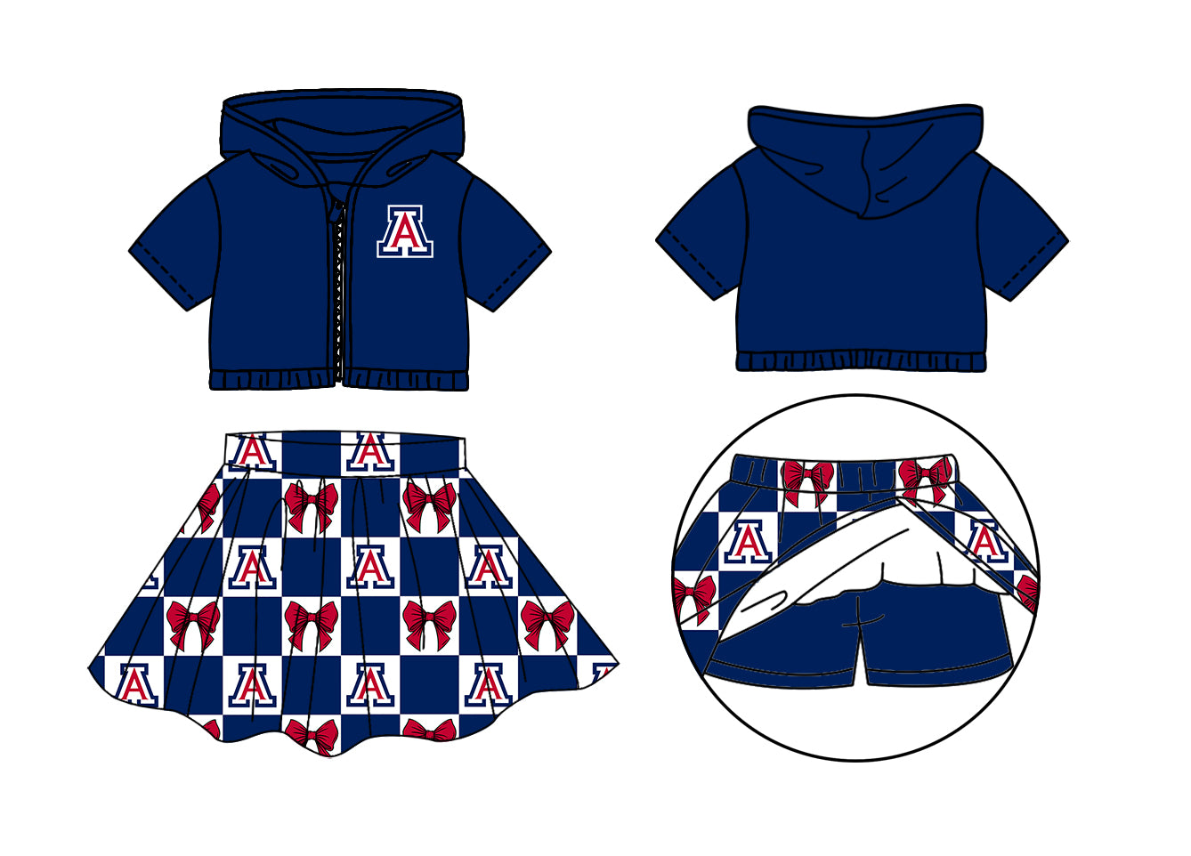 Custom Moq 3 or 5 Team Design Baby Girl Navy Bows Zipper Hoodie Jackets Skirt Short Team Clothes Sets