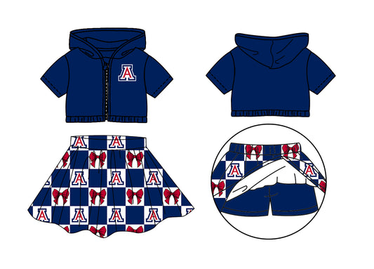 Custom Moq 3 or 5 Team Design Baby Girl Navy Bows Zipper Hoodie Jackets Skirt Short Team Clothes Sets
