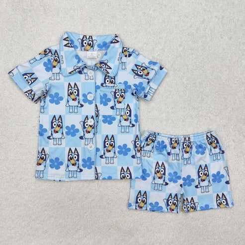 GSSO1800 Baby Girls Dogs Checkered Flowers Buttons Shirts Shorts Pajamas Clothes Set