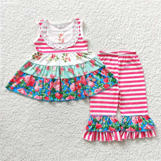 E2-11 Three-layer floral Mosaic suit with Pink stripes