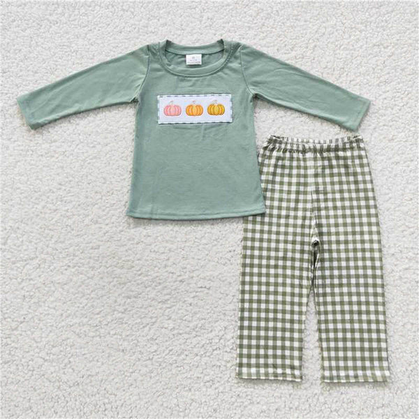 L-3.2 BLP0226 Embroidery three pumpkin green plaid long-sleeved pants