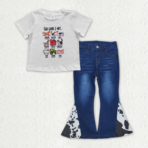 3.14 BT0373+P0304 Baby Girls Western Farm Shirt Top Denim Jeans Pants Clothes Set