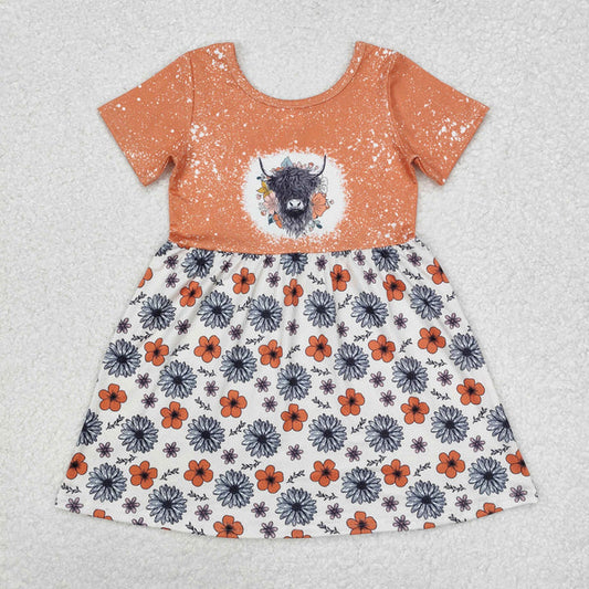 L-3.3 GSD1253 Baby Girls Highland Cow Flowers Short Sleeve Knee Length Dress