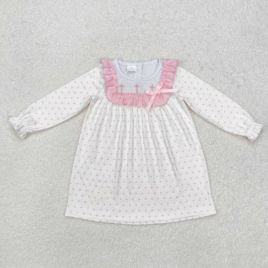 GLD0981 Baby Girls Girls Pink Dots Cross Easter Knee Length Dress