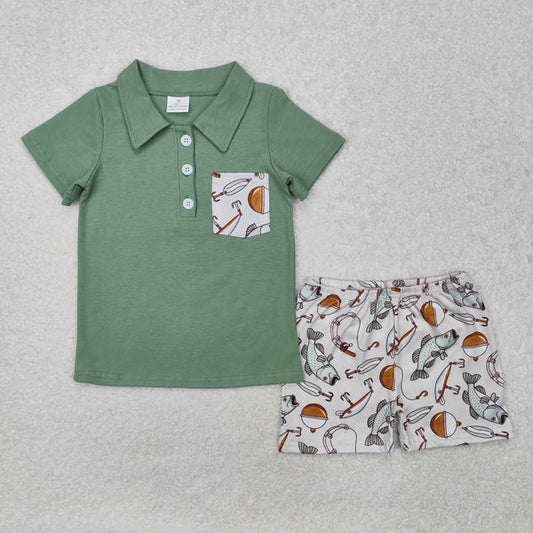 L-3.1 BSSO1216 Baby Boys Green Pocket Shirts Fishing Shorts Clothes Set