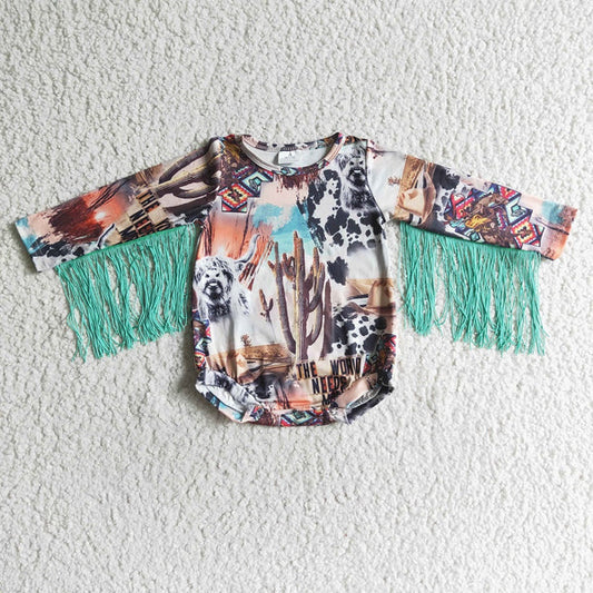 LR0049 Baby Western Cow Cactus Tassel Long Sleeve Romper