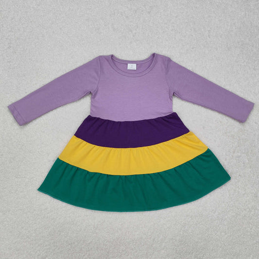 GLD0997 Baby Girls Mardi Gras Purple Long Sleeve Knee Length Dress