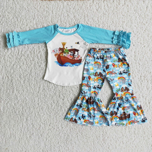 6 A10-30 Baby Girls Blue Animal Bout Bell Bottom Pants Sets