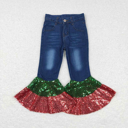 L-3.7 P0113 red green sequined denim trousers