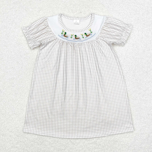 L-3.3 GSD1410 Baby Girls Green Checkered Ducks Short Sleeve Knee Length Dresses