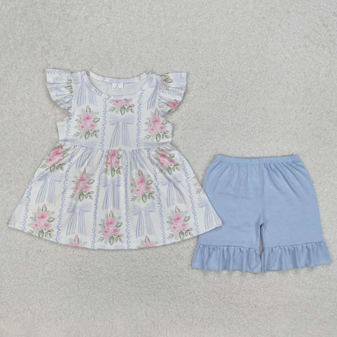 GSSO2052 Baby Girls Pink Flowers Bows Tunic Shorts Clothes Set