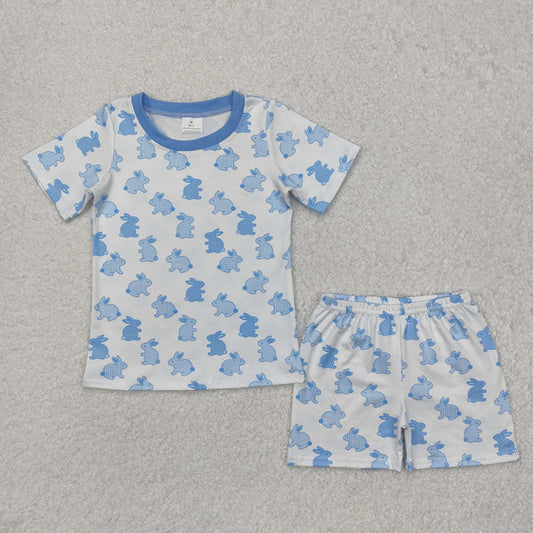 BSSO1163 Baby Boys Easter Blue Rabbits Shirt Shorts Pajamas Clothes Set