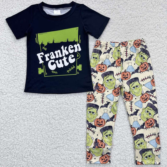 BT0248+P0168 Halloween black short sleeve pumpkin cartoon light yellow boys pantsuit