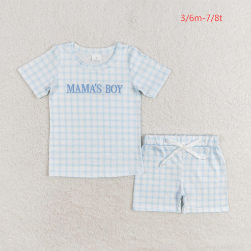 BSSO0912 mama's boy embroidered checkered blue and white short-sleeved shorts suit