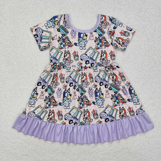 L-3.3 GSD1491 Baby Girls Purple Dog Easter Rabbits Knee Length Dress