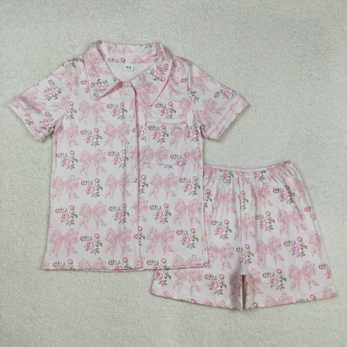 3.15 GSSO1779 Adult Women Pink Bows Flowers Buttons Tops Shorts Pajamas