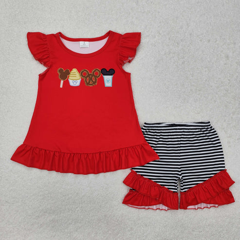 GSSO1616 Baby Girls Red Cartoon Snacks Tunic Ruffle Shorts Clothes Set