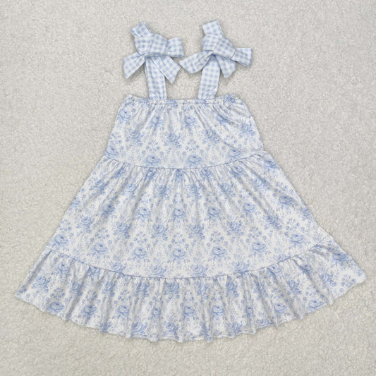 L-3.2 GSD1660 Baby Girls Blue Flowers Straps Knee Length Dress