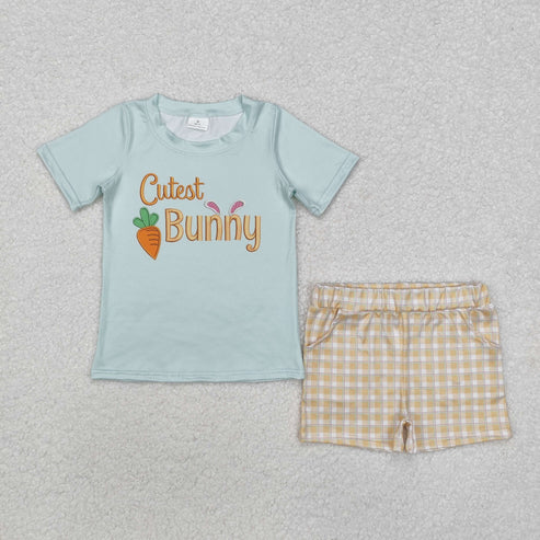 BSSO1073 Baby Boys Easter Cute Bunny Shirts Checkered Shorts Clothes Set