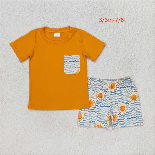 BSSO0897 Sun Wavy line pocket orange short sleeve shorts set