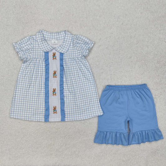 GSSO1583 Baby Girls Easter Blue Checkered Rabbits Top Ruffle Shorts Clothes Set