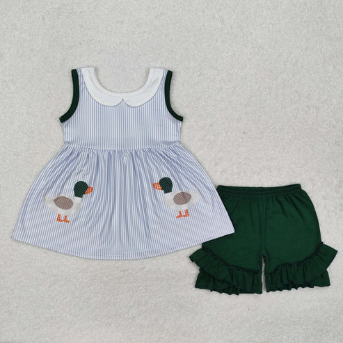 GSSO1658 Baby Girls Blue Stripes Ducks Tunic Top Ruffle Shorts Clothes Set