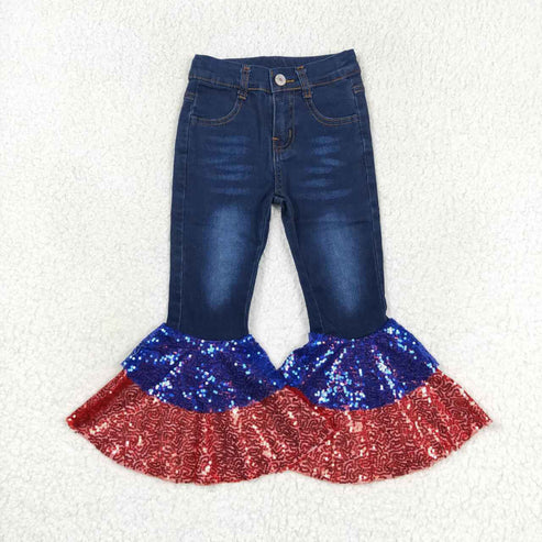 L-3.7 P0430 Red and blue sequined dark blue denim pants