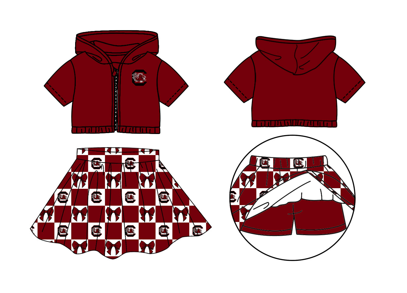 Custom Milk Silk Order MOQ:3 or 5 pcs Each Design Team State Girl Summer Bow Dark red Zipper Hooded Short Sleeve Short Skirts Sets-26.1.20