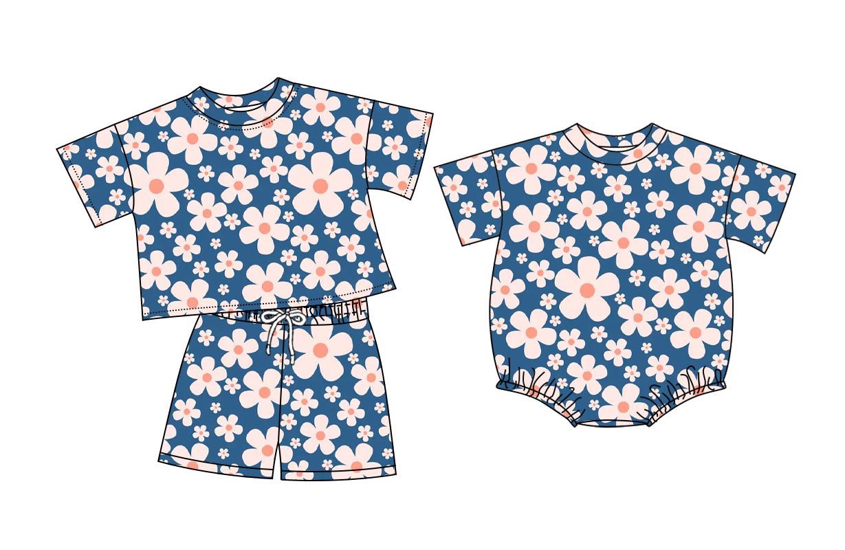 26.1.9 Custom MOQ:3 or 5 pcs each design milk silk Sibling baby girl clothes floral short sleeve shorts sets and romper