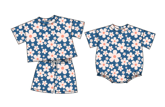 26.1.9 Custom MOQ:3 or 5 pcs each design milk silk Sibling baby girl clothes floral short sleeve shorts sets and romper