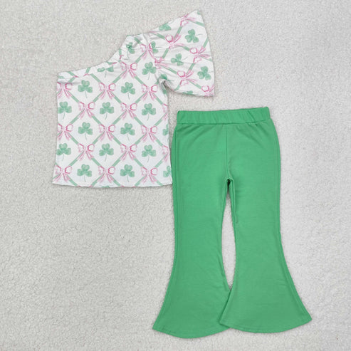 3.14 GSPO1793 Baby Girls St Patrick Quatrefoil Bows One Shoulder Top Bell Pants Clothes Set
