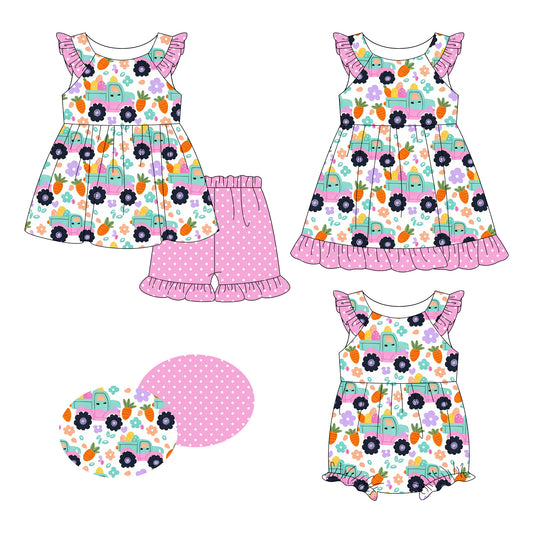 26.1.8 Custom MOQ:3 or 5 pcs each design milk silk Sibling baby girl clothes easter short sleeve shorts sets and dress and romper
