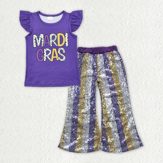 GT0814+P0276 Baby Girls Mardi Gras Top Grey Stripes Sequin Pants Clothes Set